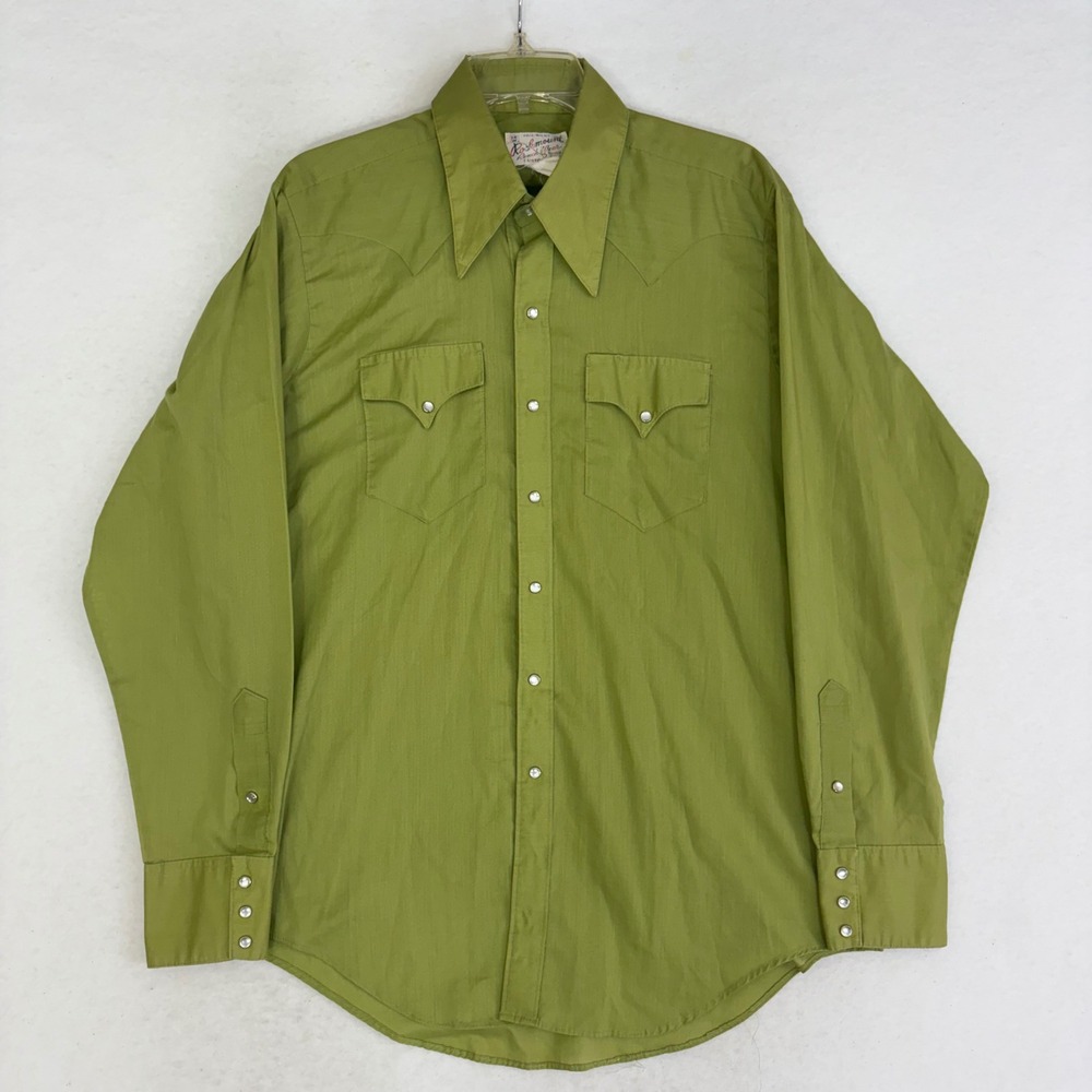 VTG 70s Rockmount Western Shirt Mens 16.5 Green USA Made Sawtooth Pearl Snap